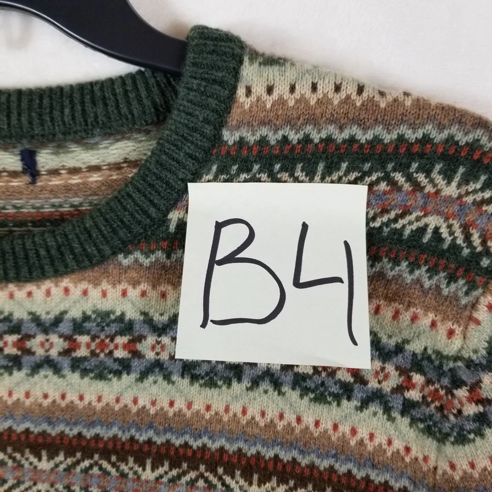 J. Crew Mens Fair Isle‎ Crewneck Sweater Green Brown Lambswool Blend Sz M